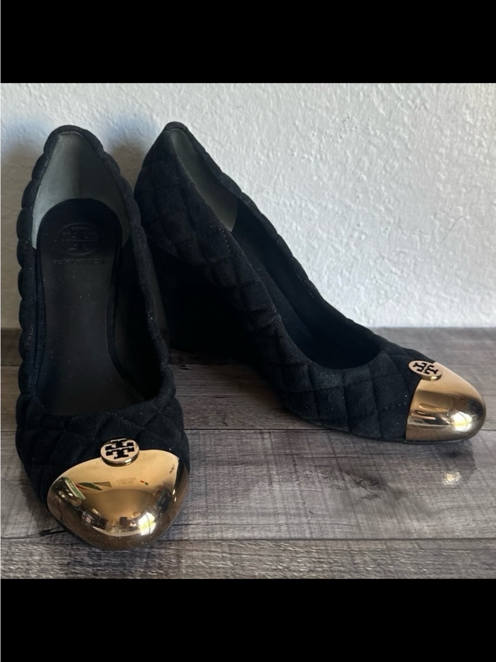 Tory Burch Black Suede Quilted Wedge Heels with Gold Tips (Size: 9M)